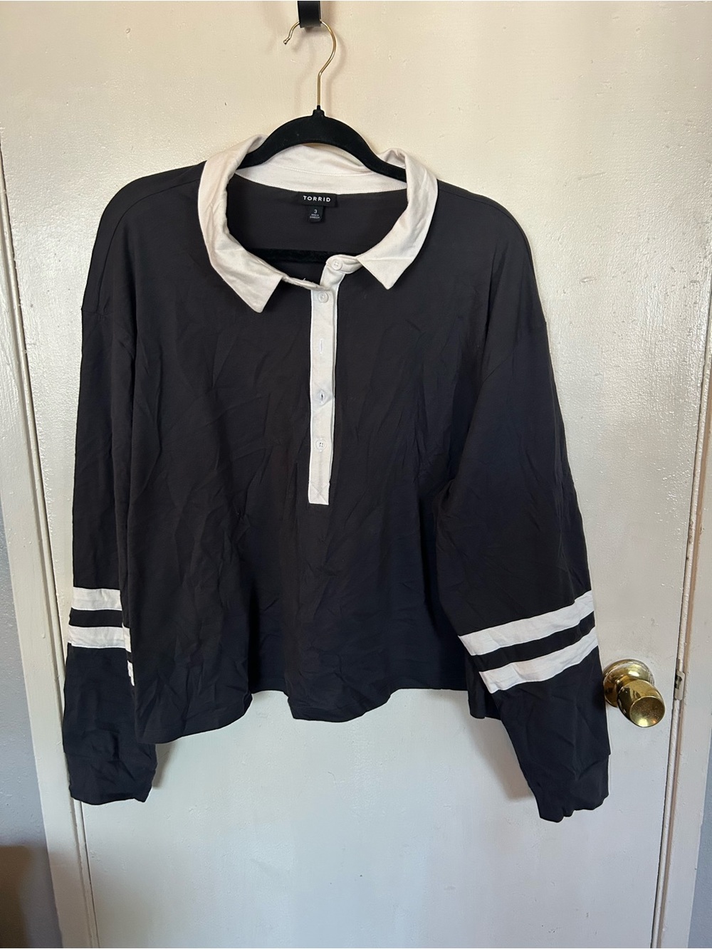 torrid Black and White Long Sleeve Polo with Contrast Stripes